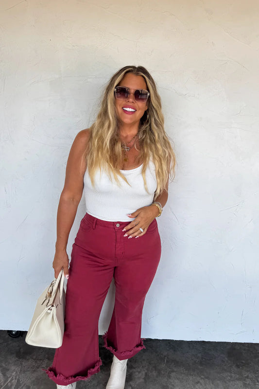 Burgundy Distressed Crop Denim