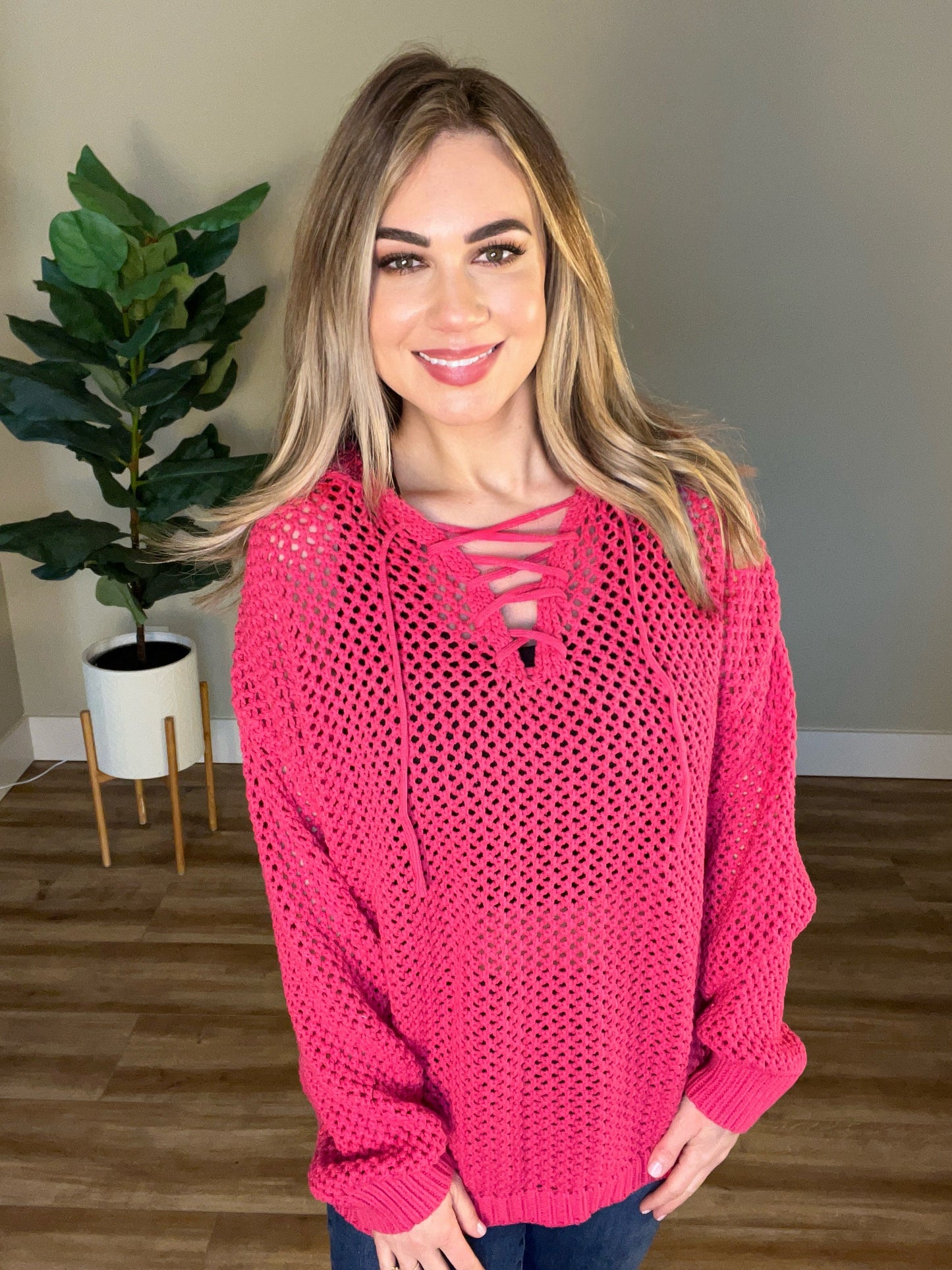 Oversized Crochet Hoodie In French Fuchsia