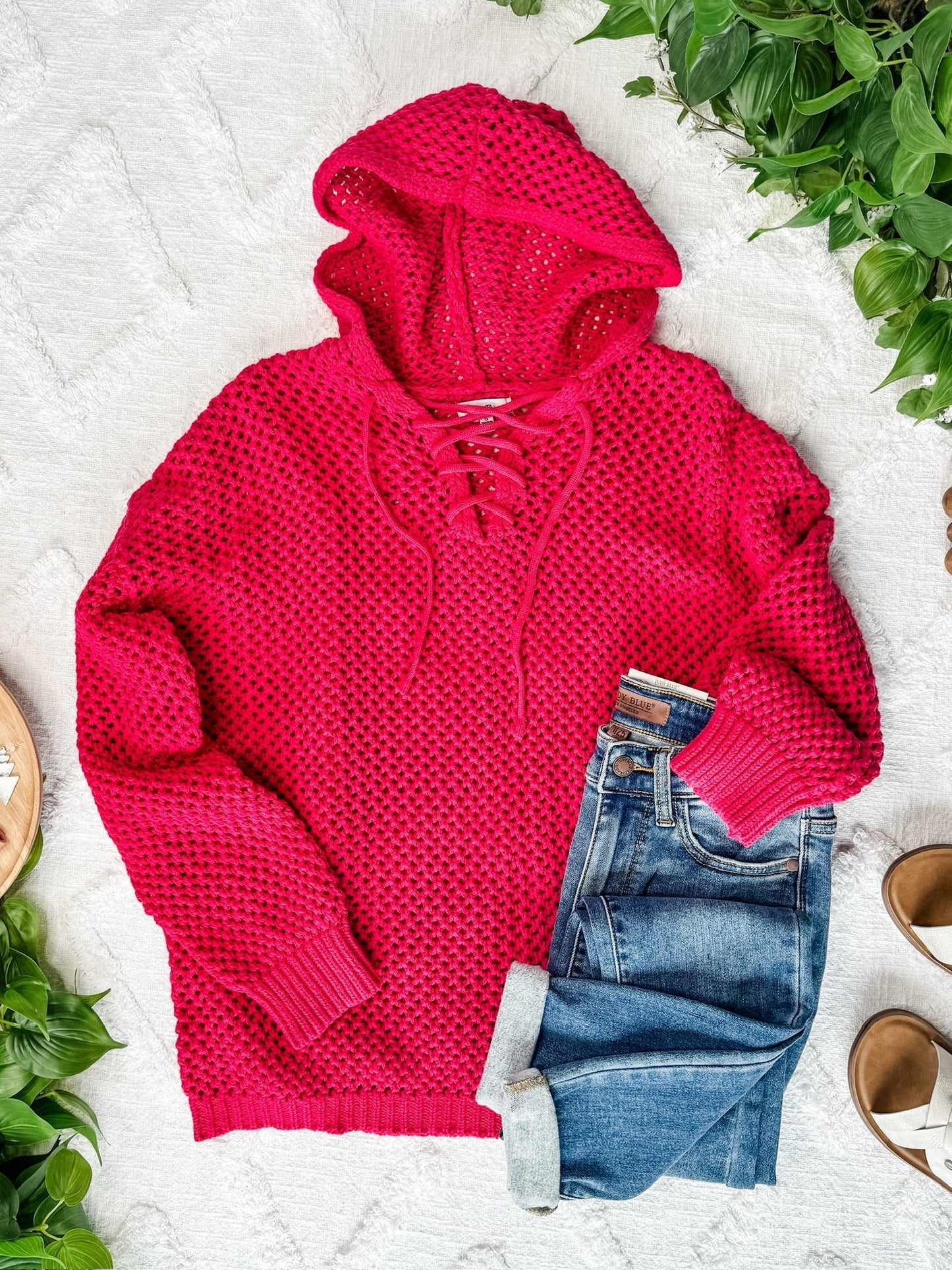 Oversized Crochet Hoodie In French Fuchsia