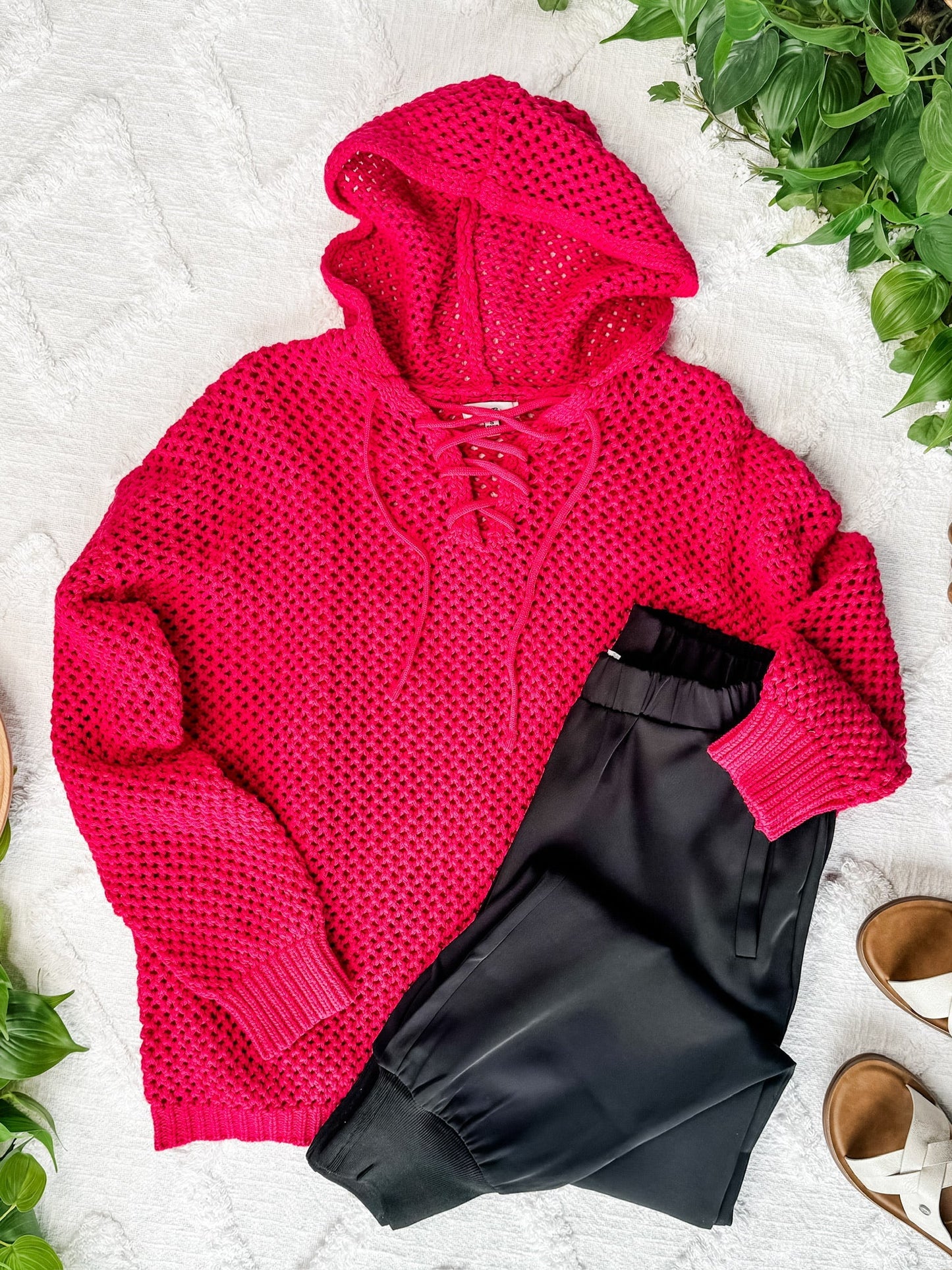 Oversized Crochet Hoodie In French Fuchsia
