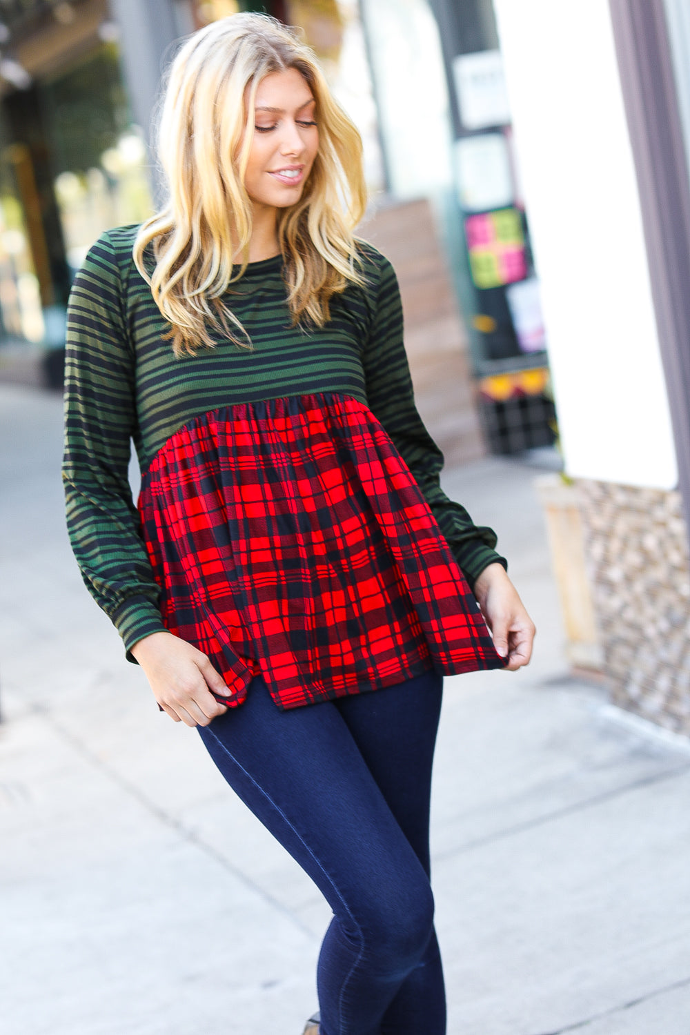 Holiday Plaid Babydoll Color Block Swing Top